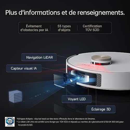 dreame l20 ultra complete robot aspirateur laveur avec technologie mopextend, démontage, levage et auto lavage des serpillières, 7 000 pa, ai action lds navigation, station... dreame l20 ultra complete robot aspirateur laveur avec technologie mopextend, démontage, levage et auto lavage des serpillières, 7 000 pa, ai action lds navigation, station...