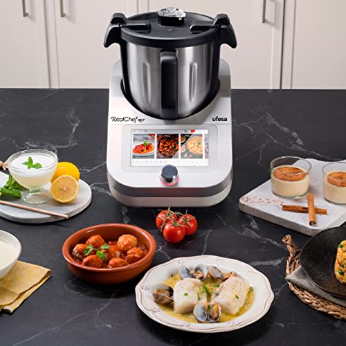 ufesa totalchef rk7 robot de cuisine multifonctions inteligent, wifi, 30 fonctions, 4.5l, Écran tactile 7 pouces, balance integrée, livre de recettes interactif, argent / blanc ufesa totalchef rk7 robot de cuisine multifonctions inteligent, wifi, 30 fonctions, 4.5l, Écran tactile 7 pouces, balance integrée, livre de recettes interactif, argent / blanc